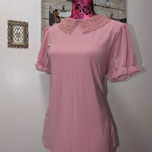 Women's Pink Blouse with crochet collar